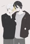  2boys absurdres alternate_costume black_hair black_sweater blonde_hair blue_pupils brown_jacket clenched_hand collarbone commentary_request cowboy_shot donna_ketsumatsu_ga_onozomi_dai_(tuyu) dot_nose grey_background grey_pants grey_shirt guitar hair_between_eyes hand_in_pocket hand_on_own_arm hand_on_own_face hand_up head_tilt highres hood hood_down hooded_jacket hutaba_haru instrument jacket light_smile long_hair_between_eyes long_sleeves looking_at_viewer multicolored_hair multiple_boys official_art pants paperclip pocket shirt short_hair siblings simple_background song_name standing streaked_hair sweater translation_request tuyu_(band) white_hair yellow_eyes 