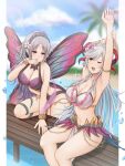  2girls absurdres atorie butterfly_wings casual_one-piece_swimsuit commission crown_of_thorns curled_horns facial_mark fairy_wings fire_emblem fire_emblem_heroes flower flower_necklace forehead_mark freyja_(fire_emblem) freyja_(summer)_(fire_emblem) goat_horns gold_armlet highres horns insect_wings multiple_girls official_alternate_costume one-piece_swimsuit plumeria_(fire_emblem) plumeria_(summer)_(fire_emblem) red_horns swimsuit thorns wings 
