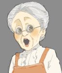  absurdres apron blush brown_eyes donguri_suzume glasses grey_background grey_hair hair_bun highres looking_at_viewer old_woman open_mouth pink_lips shirt simple_background solo upper_body virtual_obaachan virtual_obaachannel virtual_youtuber white_shirt 