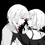  2girls bang_dream! bang_dream!_it&#039;s_mygo!!!!! bare_shoulders choker_pull commentary english_commentary eye_contact greyscale hand_on_another&#039;s_shoulder highres long_sleeves looking_at_another monochrome multiple_girls off-shoulder_shirt off_shoulder parted_lips red_brooch red_eyes selfcest shirt short_hair smile spot_color upper_body yuri yuutenji_nyamu zaopotato 