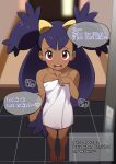  1girl :d barefoot blurry blurry_background blush brown_eyes collarbone commentary_request dark-skinned_female dark_skin english_text eyelashes female_pervert full_body hand_up highres iris_(pokemon) kohatsuka long_hair looking_at_viewer low-tied_long_hair naked_towel open_mouth pervert pokemon pokemon_bw raised_eyebrows smile solo speech_bubble standing teeth tile_floor tiles towel two_side_up upper_teeth_only 