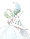  arm_blade bad_id bad_pixiv_id bob_cut closed_eyes colored_skin dress gallade gardevoir green_hair hands_on_another&#039;s_face mega_gallade mega_gardevoir mega_pokemon pokemon pokemon_(creature) simple_background utsugi_(skydream) weapon white_background white_dress white_skin 