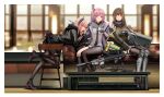 3girls ammunition_box ar-15 asymmetrical_legwear banana_(girls&#039;_frontline) black_footwear black_gloves black_jacket black_necktie black_pantyhose black_thighhighs blue_eyes blurry blurry_background breasts brown_eyes brown_hair chair couch dinergate_(girls&#039;_frontline) english_commentary full_body girls&#039;_frontline gloves green_hair gun highres hood hooded_jacket inset_border jacket kitsune_udon_(ai_br) leotard long_hair m4_sopmod_ii_(girls&#039;_frontline) m4a1_(girls&#039;_frontline) mechanical_arms mechanical_hands multicolored_hair multiple_girls necktie on_couch one_side_up open_clothes open_jacket pantyhose pink_hair purple_hair purple_jacket red_eyes red_hair ribbed_leotard rifle scope shoes single_mechanical_arm sitting st_ar-15_(girls&#039;_frontline) streaked_hair suppressor table thighhighs uneven_legwear weapon weapon_case 
