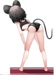  1girl absurdres alternate_costume animal_ears ass back backboob bare_arms bare_legs bare_shoulders barefoot bent_over black_buruma breasts buruma commentary dobostorte from_behind full_body grey_hair hands_on_own_knees highres kneepits medium_hair mouse_ears mouse_girl mouse_tail nazrin simple_background small_breasts solo sports_bra standing tail touhou twitter_username white_background 
