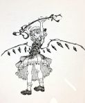  arms_up bangs blush bow flandre_scarlet full_body greyscale hat highres laevatein layered_skirt looking_at_viewer mary_janes mashimashi mob_cap monochrome open_mouth shoes side_ponytail skirt skirt_set socks solo standing touhou traditional_media 