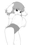  1girl :3 alternate_breast_size alternate_costume breasts buruma commentary_request contrapposto cowboy_shot floppy_ears greyscale highres inaba_tewi large_breasts looking_at_viewer medium_hair monochrome open_mouth oppai_loli rabbit_girl rabbit_tail shirt short_sleeves simple_background smile solo t-shirt tail touhou yonaki 