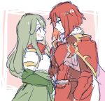  2girls armor breastplate closed_mouth dress elbow_gloves fire_emblem fire_emblem:_mystery_of_the_emblem gloves green_dress green_gloves green_hair long_hair looking_at_another mbkmmm minerva_(fire_emblem) multiple_girls palla_(fire_emblem) red_armor red_hair short_hair shoulder_armor sidelocks smile 