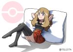  1girl arms_behind_head ass blonde_hair closed_mouth collared_shirt commentary_request commission cushion eyelashes foot_up full_body grey_eyes grey_thighhighs highres knees_together_feet_apart long_hair no_shoes pleated_skirt poke_ball_symbol pokemon pokemon_xy serena_(pokemon) shirt skeb_commission skirt sleeveless sleeveless_shirt smile solo tellzeta thighhighs thighs 