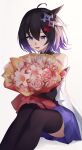  1girl absurdres ahoge bare_shoulders black_collar black_hair black_sleeves black_thighhighs bouquet chinese_commentary collar collarbone commentary_request detached_sleeves feet_out_of_frame flower gradient_hair hair_between_eyes hair_ornament highres holding holding_bouquet honkai_(series) honkai_impact_3rd knees_up ling_kongling looking_at_flowers multicolored_hair open_mouth purple_eyes purple_hair purple_skirt rose seele_vollerei seele_vollerei_(swallowtail_phantasm) shirt sitting skirt solo thighhighs thighs white_background white_flower white_rose white_shirt 