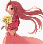  1girl aerith_gainsborough bangle bouquet bracelet brown_hair cropped_jacket dress facing_to_the_side falling_petals final_fantasy final_fantasy_vii final_fantasy_vii_rebirth final_fantasy_vii_remake flower green_eyes highres holding holding_bouquet jacket jewelry light_blush lily_(flower) long_dress long_hair parted_bangs parted_lips petals pink_dress red_jacket sana_(sanaa653) short_sleeves sidelocks solo upper_body wavy_hair white_background yellow_flower yellow_petals 