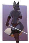  2020 anthro armwear banoncat blue_eyes blush boots canid canine clothing elbow_gloves eyebrows footwear fox fur gloves handwear hi_res holding_melee_weapon holding_object holding_sword holding_weapon knee_boots knee_highs legwear looking_at_viewer male mammal melee_weapon mostly_nude multicolored_body multicolored_fur raised_eyebrow raised_hand simple_background solo sword underwear walking weapon 