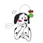 2022 anthro beargarbage black_body black_ears black_fur black_nose black_spots bluey_(series) blush brown_eyes canid canine canis christmas dalmatian digital_media_(artwork) domestic_dog english_text frank_(bluey) front_view fur hand_on_mouth hand_on_own_mouth happy hi_res holidays male mammal markings mistletoe multicolored_body multicolored_fur plant simple_background smile solo speech_bubble spots spotted_body spotted_fur text two_tone_body two_tone_fur white_background white_body white_fur
