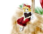  1girl :| back_bow black_shirt blonde_hair blue_eyes bobby_socks bow closed_mouth hair_ribbon medicine_melancholy medinki official_style own_hands_together puffy_short_sleeves puffy_sleeves red_ribbon red_skirt ribbon shirt short_hair short_sleeves sitting skirt socks solo touhou white_bow white_socks zun_(style) 