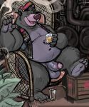  alcohol balls baloo bear beverage bottomless clothed clothing disney dramamine erection hat male mammal open_shirt overweight penis smoking talespin thick_penis vest 