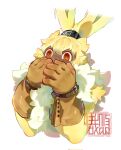  anthro bandai_namco blush clothing covering covering_mouth digimon digimon_(species) digimon_ghost_game embarrassed fluffy_chest fur gloves handwear hi_res long_ears male orange_eyes ponytail_ears shocked solo symbareangoramon yellow_body yellow_fur youzaiyouzai112 