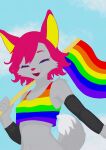  anthro arm_warmers armwear canid canine cel_shading clothing cloud crop_top eyebrows eyelashes female flag flag_(object) fox fur grey_body grey_fur gure_(thekitsuyt) hair hi_res holding_flag holding_object lgbt_pride lgbt_pride_month mammal multicolored_clothing multicolored_shirt multicolored_topwear navel open_mouth pink_eyebrows pink_eyes pink_hair pink_nose pride_color_clothing pride_color_flag pride_colors purple_eyelashes rainbow_clothing rainbow_crop_top rainbow_flag rainbow_pride_flag rainbow_shirt rainbow_symbol rainbow_topwear shaded shirt signature sky smile solo teeth thekitsuyt tongue topwear yellow_ear_fluff yellow_flagpole 