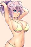  1girl alternate_costume aoba_(kancolle) arms_behind_head bikini blue_eyes breasts commentary_request highres kantai_collection kuromayu large_breasts medium_breasts pink_background ponytail purple_hair simple_background solo swimsuit upper_body yellow_bikini 