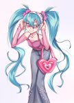  1girl bag blue_eyes blue_hair commentary denim english_commentary grin hair_ornament hairclip halterneck handbag hands_on_headphones hatsune_miku headphones heart-shaped_bag highres jeans jewelry layered_shirt long_hair long_sleeves necklace off-shoulder_shirt off_shoulder pants pink-tinted_eyewear pom_pom_(clothes) pom_pom_hair_ornament shirt smile smiley_face solo sunglasses tinted_eyewear tulchip twintails very_long_hair vocaloid 