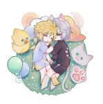  2boys animal_ears balloon bird_tail black_shirt black_shorts blonde_hair blue_eyes blue_pajamas blue_shorts blush cat_ears chibi children&#039;s_day chinese_commentary chocobo closed_eyes cloud cloud_strife commentary_request couple crescent_print cuddling final_fantasy final_fantasy_vii final_fantasy_vii_ever_crisis full_body green_eyes grey_cat grey_eyes grey_hair grey_socks half-closed_eyes hand_on_another&#039;s_chin highres holding_hands kemonomimi_mode kneehighs leg_between_thighs light_smile long_sleeves low_ponytail lying male_focus medium_hair multiple_boys on_grass on_side pajamas paw_print sephiroth shirt shorts smi72355542 socks sparkle spiked_hair stuffed_animal stuffed_toy sun_print tail translation_request twitter_username yaoi yellow_socks yellow_wings 