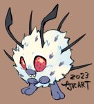  2023 ambiguous_feral ambiguous_gender antennae_(anatomy) arthropod biped brown_background compound_eyes fan_character fangs feet feral flipside fluffy fur generation_1_pokemon glistening glistening_eyes nintendo pokemon pokemon_(species) red_eyes signature simple_background sphere_creature spikes standing teeth venonat white_body white_fur 