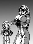  2024 american_opossum anthro armor big_breasts bodypaint breasts cleavage clothed clothing didelphid duo eyewear face_paint fallout female gesture glasses gradient_background greyscale hazmat_suit headgear helmet hi_res hladilnik huge_breasts index_to_index lagomorph leporid mammal marsupial marylin_(hladilnik) microsoft monochrome pro_bun_(hladilnik) rabbit raider_(fallout) simple_background struggling_to_fit tight_clothing undersized_clothing virginia_opossum wardrobe_malfunction zipper 
