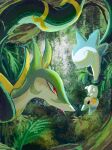  absurdres commentary_request eye_contact from_side highres ka-neito leaf looking_at_another no_humans pachirisu pokemon pokemon_(creature) red_eyes serperior snake sweatdrop tongue tongue_out upside-down 