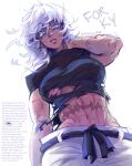  1girl abs artist_name belt black_belt black_shirt breasts bunnyluvr english_commentary english_text from_below genderswap genderswap_(mtf) gift_art gojou_satoru groin hand_on_own_neck highres jujutsu_kaisen looking_at_viewer looking_down medium_hair messy_hair midriff multiple_scars navel outside_border pants parted_lips scar scar_on_arm scar_on_cheek scar_on_face scar_on_stomach shirt short_sleeves simple_background solo stomach teeth torn_clothes underboob wavy_hair white_background white_hair white_pants 