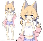  1girl absurdres animal_ear_fluff animal_ears bare_shoulders barefoot blonde_hair blue_eyes camisole collarbone commentary english_commentary fox_ears highres jacket light_brown_hair long_hair low_twintails midriff multiple_views nanozenzen navel open_mouth original shorts simple_background smile twintails v white_background white_camisole 