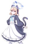  1girl absurdres animal_ear_headphones animal_ears ao_(blue_archive) apron black_dress blonde_hair blue_archive blue_eyes blue_halo blush cat_tail closed_mouth dress fake_animal_ears frilled_apron frilled_dress frills halo headphones highres long_sleeves looking_at_viewer maid maid_apron maid_headdress mugisepa pantyhose puffy_long_sleeves puffy_sleeves shaded_face short_hair simple_background smirk solo tail white_apron white_background white_pantyhose 