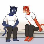  5_fingers 5_toes anthro bed bedroom black_hair black_nose black_pants blue_body blue_clothing blue_eyes blue_fur blue_hair brown_fur brown_stripes clothed clothing duo excited eye_contact fangs feline fukami_retsu_(gekiranger) fur fuze hair hand_on_knee hand_on_leg hand_on_thigh hi_res imminent_sex inside juken_sentai_gekiranger kandou_jan_(gekiranger) leaning leaning_forward male mammal mattress orange_body orange_fur panther pants pink_nose power_rangers purple_nose red_clothing red_hair sharp_teeth shirt short_hair simple_background sitting smile stripes tan_belly teeth tiger toes white_clothing white_fur white_shirt white_stripes white_topwear yellow_eyes 