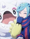  1boy :d blue_mittens blue_scarf cetoddle closed_eyes commentary_request eyelashes grusha_(pokemon) hand_up happy highres jacket long_sleeves male_focus min_(myna8247) mittens open_mouth poke_ball_print pokemon pokemon_(creature) pokemon_sv scarf smile striped_clothes striped_scarf teeth yellow_jacket 