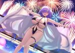  1girl azur_lane bare_shoulders black_choker black_one-piece_swimsuit blush breast_strap breasts choker clothing_cutout commentary_request flower hair_flower hair_ornament hair_over_one_eye highres large_breasts long_hair looking_at_viewer mogador_(azur_lane) mogador_(locker_room_lechery)_(azur_lane) navel navel_cutout official_alternate_costume one-piece_swimsuit open_mouth poolside purple_eyes purple_hair skindentation solo stomach swimsuit thigh_strap very_long_hair wet white_flower yoshi_yubisashi 