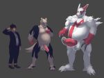  anthro balls big_muscles bottomwear claws clothed clothing fur generation_3_pokemon genitals growth hi_res human_to_anthro linear_sequence lyagush male mid_transformation muscle_growth muscular muscular_anthro muscular_male nintendo nude overweight pants penis pokemon pokemon_(species) species_transformation tail torn_bottomwear torn_clothing torn_pants transformation transformation_sequence white_body white_fur zangoose 