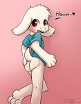  &lt;3 2018 absurd_res anthro asriel_dreemurr blush boss_monster bottomless butt caprine carpetwurm clothed clothing cub dialogue english_text fur goat hi_res looking_at_viewer looking_back male mammal open_mouth partially_clothed red_eyes shirt signature smile text undertale video_games white_fur young 