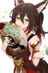  1girl absurdres animal_ear_fluff animal_ears awe_(adorableduckyy) bare_shoulders bracelet breasts brown_hair cleavage fox_ears fox_girl fox_tail green_eyes hair_between_eyes hand_fan highres holding holding_fan honkai:_star_rail honkai_(series) jewelry large_breasts long_hair looking_at_viewer multicolored_hair simple_background smile solo tail tingyun_(honkai:_star_rail) tongue tongue_out white_background 