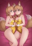  2girls absurdres alice_gear_aegis animal_ears bare_legs bow bowtie breasts brown_eyes feet_out_of_frame fox_ears fox_tail gold_leotard green_eyes highres holding_hands hutokumi kotomura_akane kotomura_amane long_hair looking_at_viewer low_twintails medium_breasts multiple_girls nontraditional_playboy_bunny red_bow red_bowtie siblings sisters tail twins twintails 