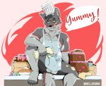  2018 anthro apron baking balls bulge cake canine cardex_wolfox clothing digital_media_(artwork) erection food fur icing licking looking_at_viewer male mammal muscular nell-chan paws simple_background sitting slightly_chubby smile solo tongue tongue_out wolf 