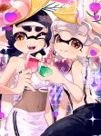  2girls bare_shoulders black_hair black_pants blunt_bangs blush_stickers breasts callie_(splatoon) cowboy_shot cup drinking_glass fangs food food_on_head fruit grey_hair grin groin hand_up head_tilt heart highres holding holding_cup inkling lemon lemon_slice long_hair looking_at_viewer marie_(splatoon) medium_hair midriff mole mole_under_eye multicolored_background multiple_girls navel object_on_head official_alternate_costume official_alternate_hairstyle one_eye_closed open_mouth orange_eyes oyster pants pencil_skirt pinky_out pointy_ears sahata_saba shrimp sidelocks skirt small_breasts smile sparkle splatoon_(series) splatoon_3 star-shaped_pupils star_(symbol) strapless suction_cups suspenders symbol-shaped_pupils tentacle_hair tube_top twintails very_long_hair white_tube_top wine_glass zipper zipper_pull_tab 