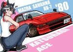  1girl absurdres alternate_costume animal_ears black_footwear black_hair blue_eyes car character_name denim ear_covers from_behind grin hair_between_eyes highres horse_ears horse_girl horse_tail jeans kaito_schumacher katsuragi_ace_(umamusume) looking_at_viewer mazda mazda_rx-7 mazda_rx-7_fb motor_vehicle multicolored_hair pants ponytail shirt shoes signature sleeveless sleeveless_shirt smile sneakers solo squatting streaked_hair tail tail_through_clothes umamusume vehicle_focus vehicle_name white_hair 