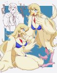  4_toes anisodactyl anthro avian avian_feet beak bikini bird blonde_hair blue_eyes breasts claws cleavage clothed clothing feather_hands feathers feet female hair hi_res jewelry kemono necklace non-mammal_breasts solo suda swimwear thick_thighs toe_claws toes winged_arms wings yellow_body yellow_feathers 