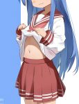  1girl :3 ahoge artist_name blue_background blue_hair clothes_lift commentary_request cowboy_shot head_out_of_frame highres izumi_konata long_hair long_sleeves looking_at_viewer lucky_star nagare_(flow) navel navel_focus neckerchief pleated_skirt red_neckerchief red_skirt ryouou_school_uniform school_uniform shirt_lift simple_background skirt solo standing thighs twitter_username very_long_hair white_background 