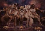  2018 amber_eyes anthro blonde_hair breast_size_difference breasts brown_fur brown_hair candle canine detailed_background durtyanko female female/female fire flower flower_in_hair fox fur green_eyes group hair hand_on_thigh hyena lei long_hair looking_back mammal navel night nipples nude outside partially_submerged plant raventenebris sitting small_breasts smile spots spotted_fur spotted_hyena tan_fur water white_fur white_hair 