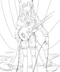  1girl ascot bang_dream! bang_dream!_it&#039;s_mygo!!!!! cable capelet doll_joints earrings electric_guitar greyscale guitar highres holding holding_cable instrument jewelry joints long_hair long_sleeves mask monochrome mouth_mask odore_(suzukisakana001) see-through see-through_sleeves shorts sketch solo wakaba_mutsumi 