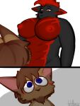 2024 2_panel_comic anthro artist_name bangs big_breasts black_body black_eyebrows black_fur black_nose blue_eyes blush blush_lines breasts brown_body brown_facial_hair brown_fur brown_hair brown_nose camber_roo canid canine canis cheek_tuft chest_markings comic digital_media_(artwork) duo ear_markings ears_down eyebrows eyelashes facial_hair facial_tuft female fur goatee hair half-closed_eyes hi_res imposing kangaroo larger_female looking_down looking_down_at_another looking_up looking_up_at_another macropod male male/female mammal markings marsupial mouthless multicolored_body multicolored_fur muscular muscular_anthro muscular_female narrowed_eyes nipples nude pink_inner_ear pivoted_ears red_body red_eyes red_fur red_hair red_inner_ear red_nipples scarlet_ironclaw shadow short_hair simple_background size_difference smaller_male standing tatianrus_kartowka tuft white_background wolf