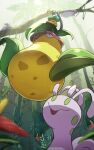  black_eyes blurry blurry_foreground bonsly branch commentary_request from_below goomy green_eyes hanging highres no_humans plant pokemon pokemon_(creature) sliggoo tatsumi_(panneko) tree victreebel vines 