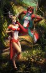  2018 anthro barefoot black_nose blue_eyes breasts cervine clothed clothing convenient_censorship deer detailed_background digital_media_(artwork) digitigrade duo etskuni female fur green_eyes hair hand_on_breast holding_breast hooves horn jewelry jungle lenika lingerie looking_at_viewer mammal midriff navel red_fur red_hair sitting skimpy standing 