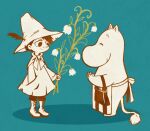 1boy apron blue_background boots cloak cross-laced_footwear flower full_body hat hat_feather holding holding_flower lace-up_boots limited_palette male_focus moomin moomintroll nonana_(mikudrop) short_hair simple_background smile snufkin waist_apron 