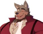  2024 anthro beard bongo_(yongdasom) canid canine canis chin_piercing clothed clothing collar eyes_closed facial_hair male mammal open_clothing open_shirt open_topwear petting scratching shirt solo suspenders topwear wolf yongdasom 