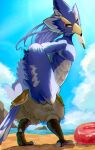  abs anthro athletic athletic_anthro athletic_male avian beak blue_body blue_feathers breath_of_the_wild chikichikitaron eyebrows feathers green_eyes hair hi_res long_hair looking_back male nintendo nude pecs revali rito solo the_legend_of_zelda thick_eyebrows winged_arms wings 