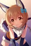  1girl animal_ear_fluff animal_ears arm_ribbon bare_shoulders belt bent_over black_gloves black_thighhighs blue_bow blue_ribbon blue_unitard bow brown_belt brown_eyes brown_hair candy chain chain_necklace commentary dog_ears elbow_gloves food fur_scarf fur_trim fuu_(koneko_no_yomeiri) gloves gradient_background hair_bow idolmaster idolmaster_cinderella_girls jewelry koga_koharu lens_flare lollipop looking_at_viewer mouth_hold necklace purple_background ribbon short_hair sleeveless solo tail thighhighs unitard v-shaped_eyebrows yellow_background 